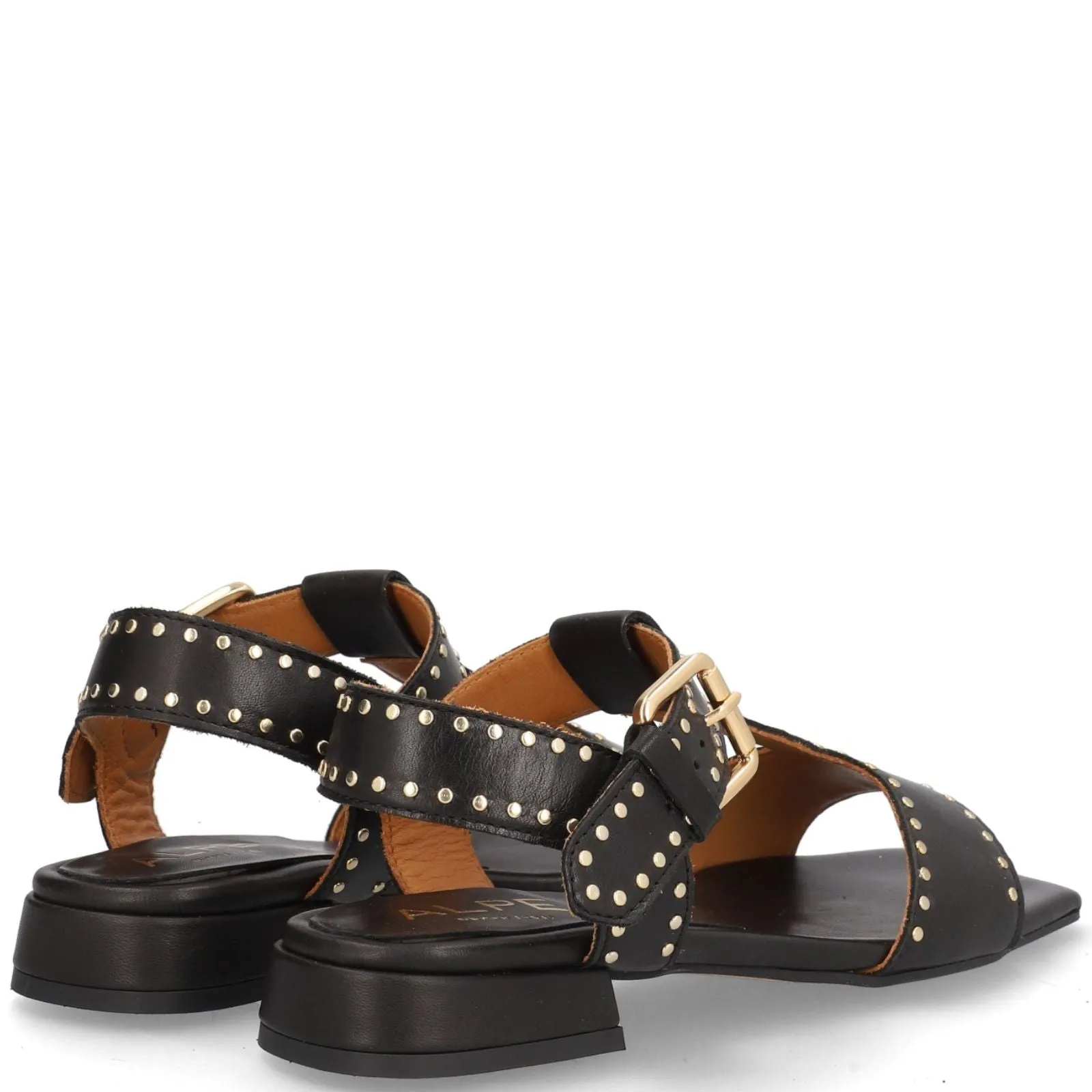 Alpe Black Leather Square Toe Studded Sandals