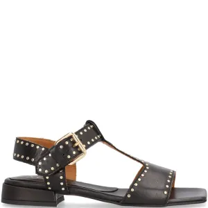 Alpe Black Leather Square Toe Studded Sandals