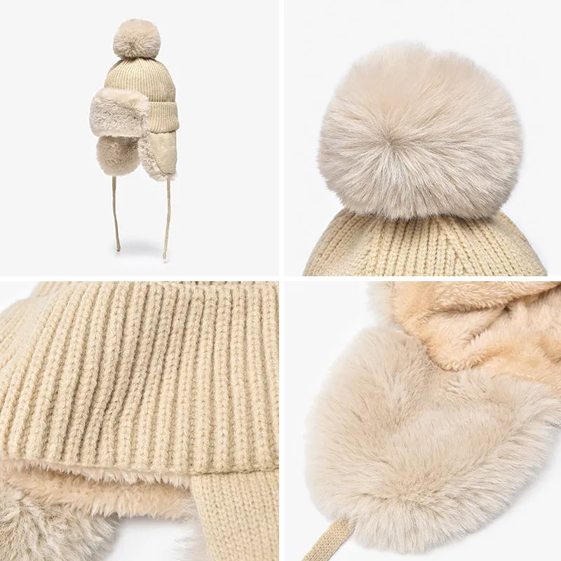 BeauToday Women's Winter Hats in Rabbit Fur with Adjustable Earflaps Pompom Outdoor Beanies