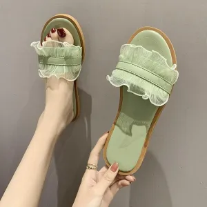 Chicvane Lace Round Toe Flat Sandals Slides Shoes