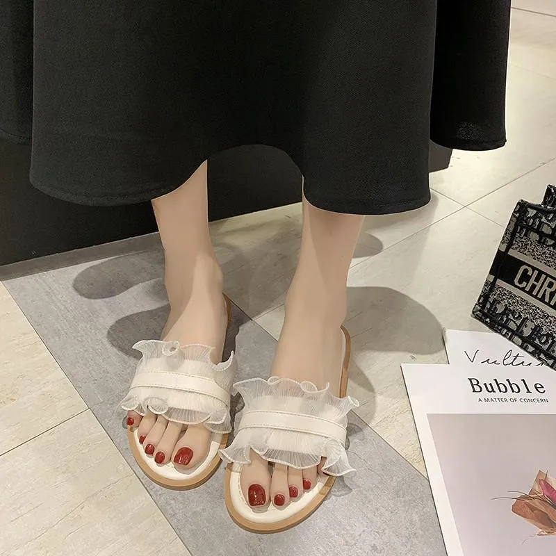 Chicvane Lace Round Toe Flat Sandals Slides Shoes