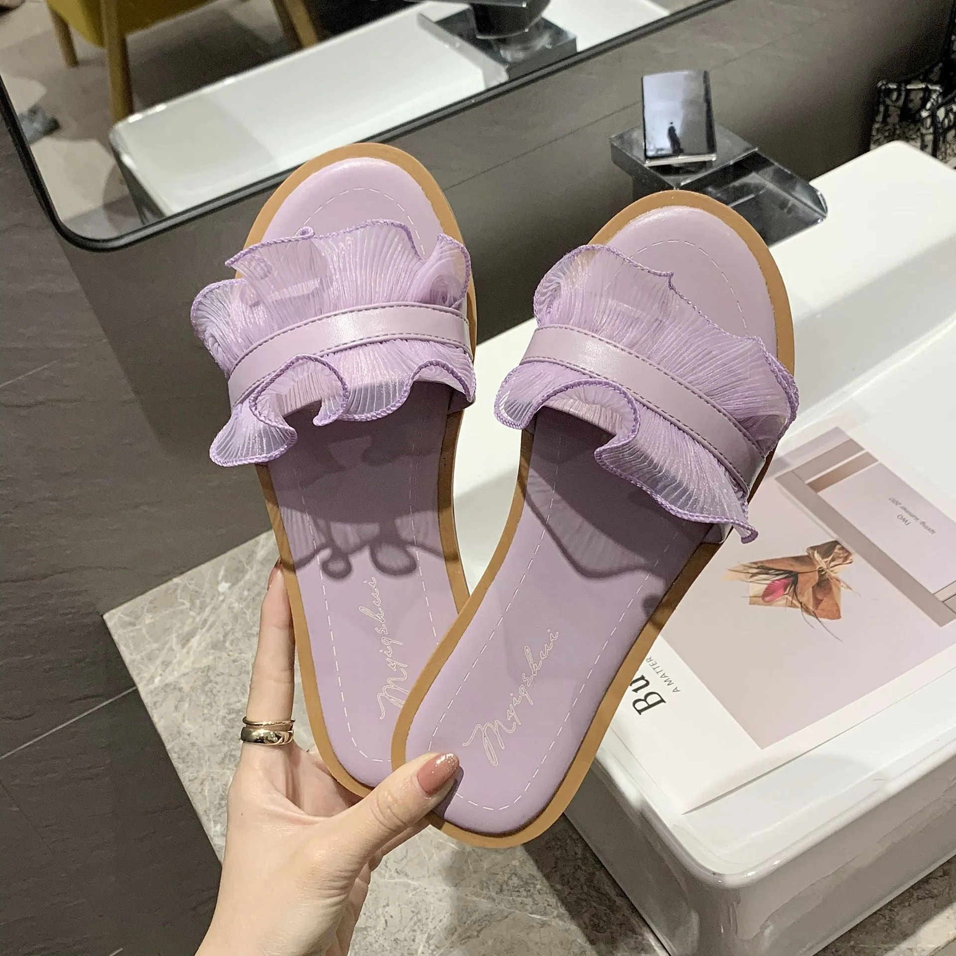 Chicvane Lace Round Toe Flat Sandals Slides Shoes