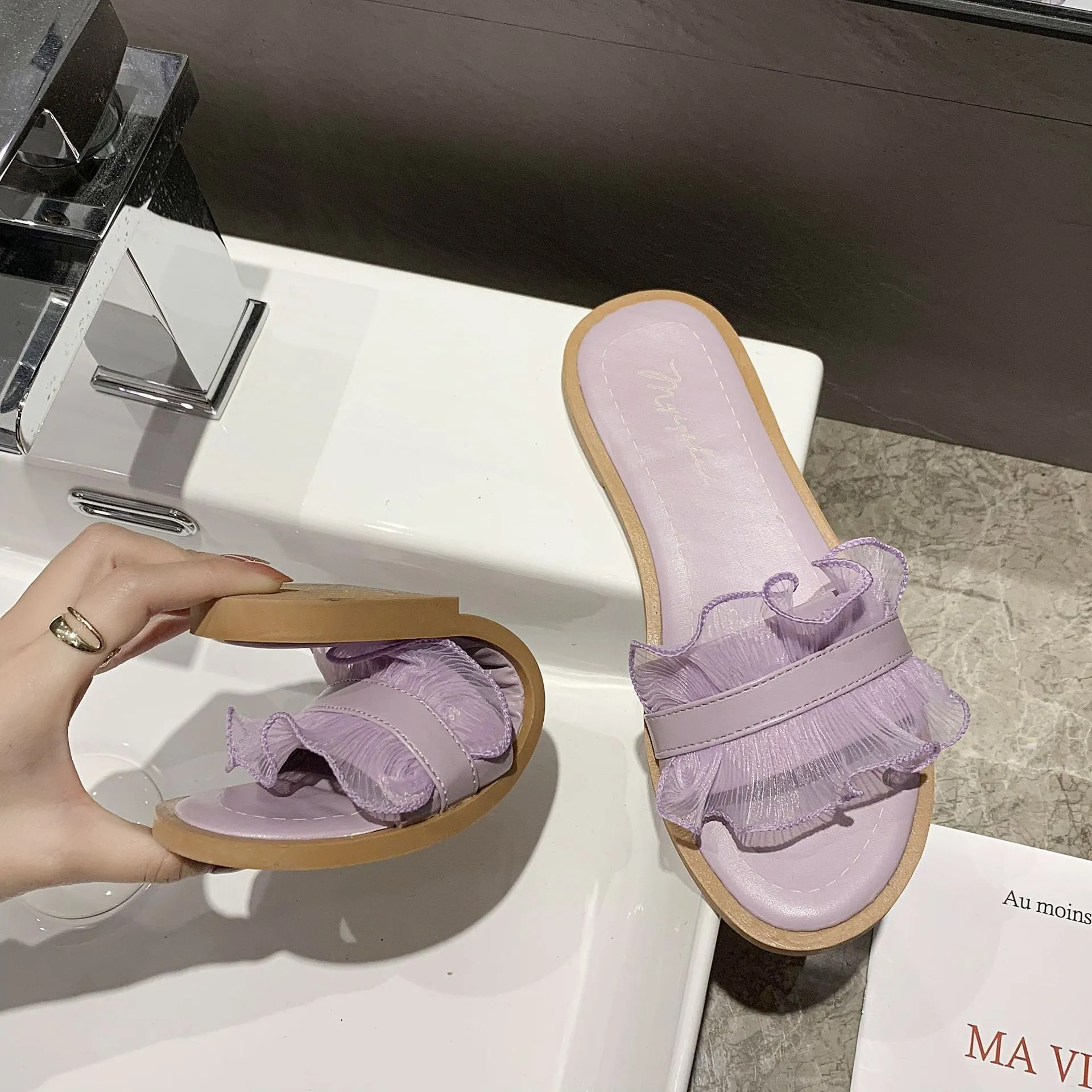 Chicvane Lace Round Toe Flat Sandals Slides Shoes