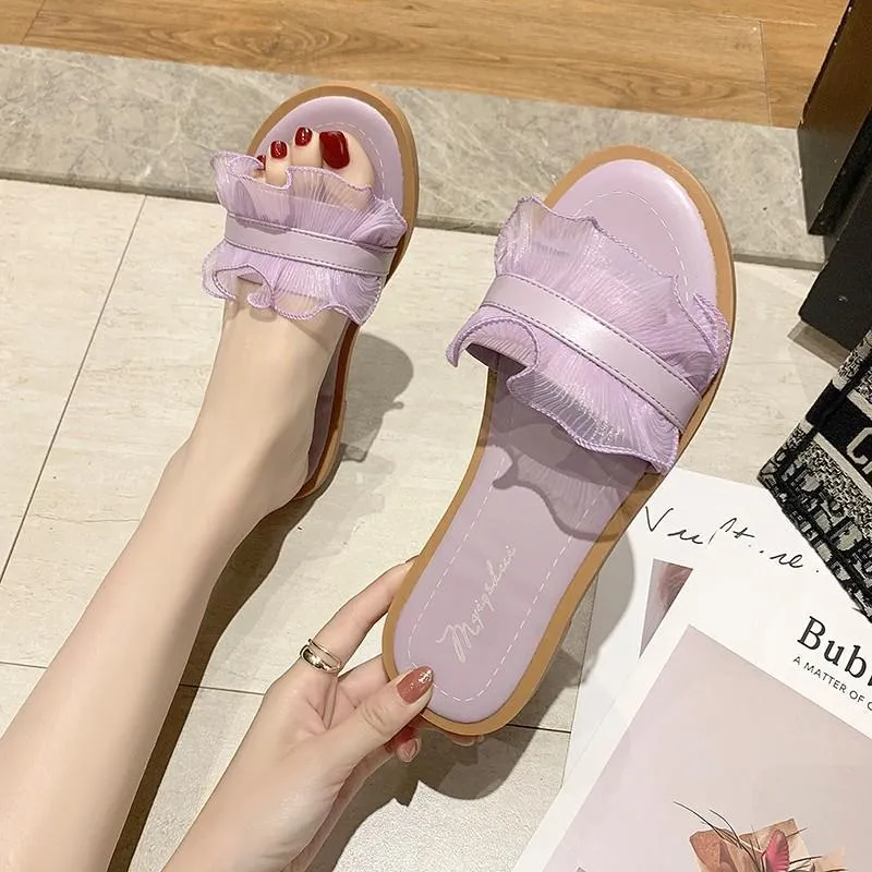Chicvane Lace Round Toe Flat Sandals Slides Shoes
