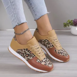 Fashion Leopard Print Lace-up Sports Shoes For Women Sneakers Casual Running Walking Flat Shoes