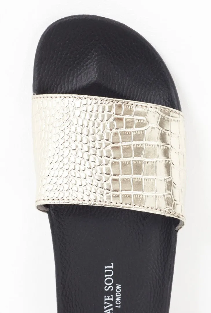 GOLD FAUX CROCODILE SKIN POOL SLIDERS