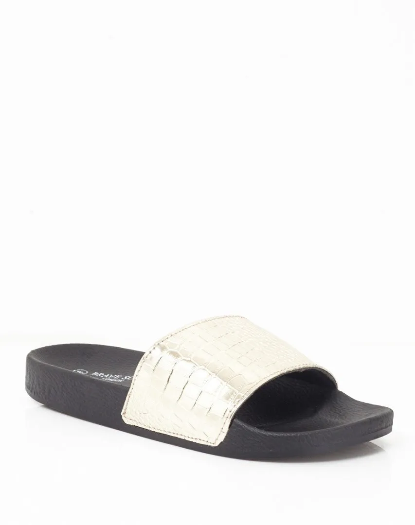 GOLD FAUX CROCODILE SKIN POOL SLIDERS