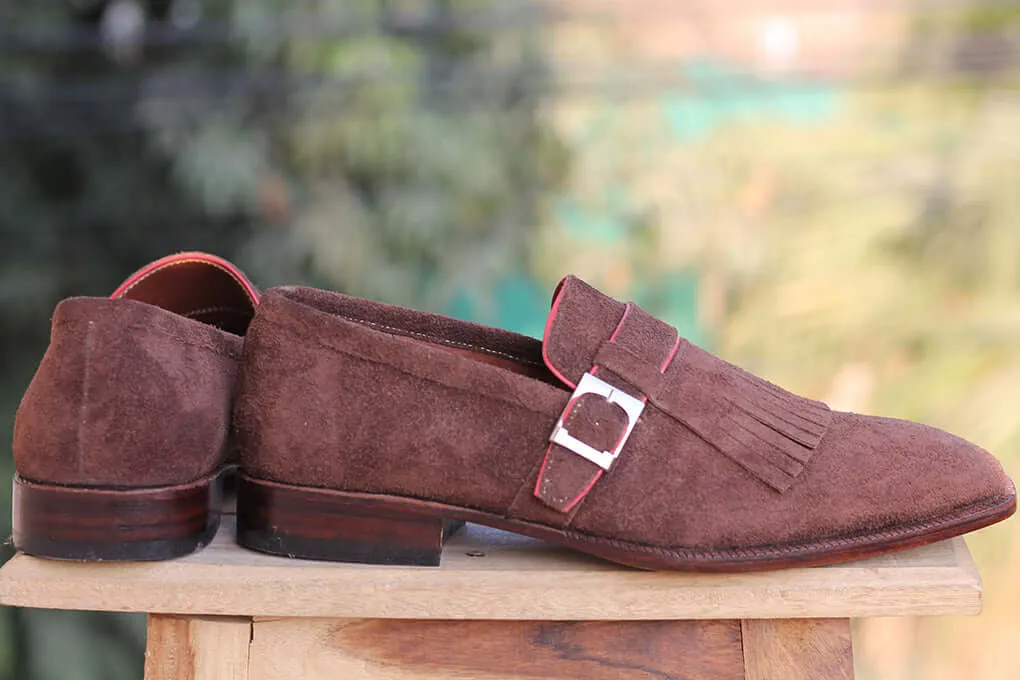 Handmade Men's Burgundy Monk Strap Fringes Suede Shoes, Men Designer Dress Formal Luxury Shoes