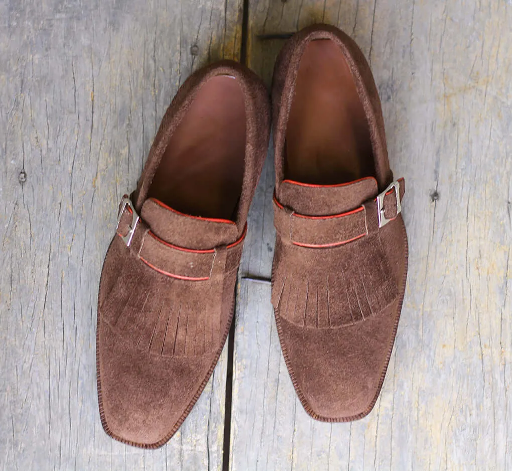 Handmade Men's Burgundy Monk Strap Fringes Suede Shoes, Men Designer Dress Formal Luxury Shoes