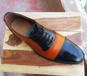 Handmade Men's Two Tone Black Brown Cap Toe Brogue Leather Lace Up Shoes, Men Designer Dress Formal Luxury Shoes