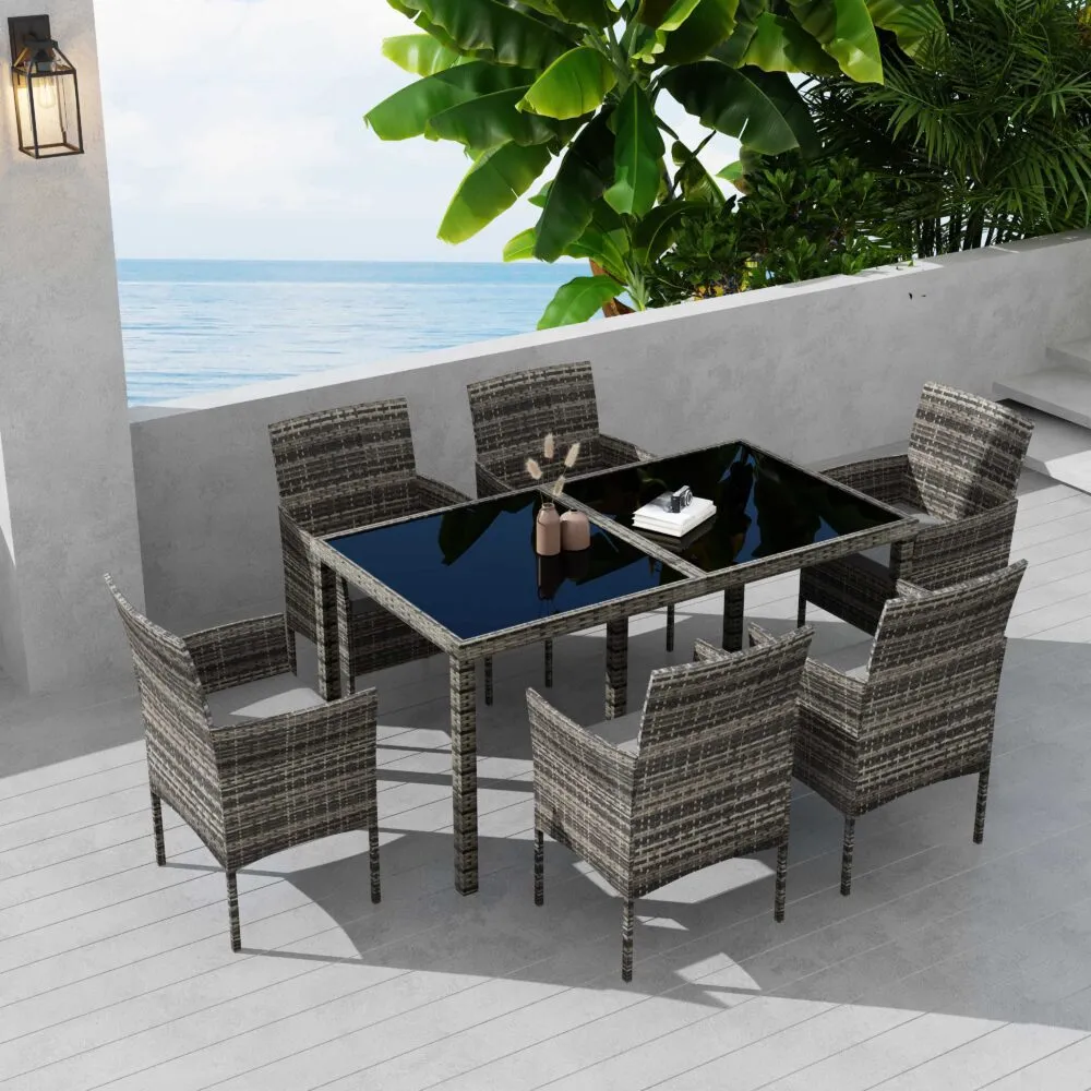 Lowry 6-Seater Rural Style Wicker 7-Piece Dining Set - Grey
