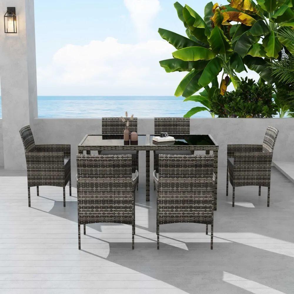 Lowry 6-Seater Rural Style Wicker 7-Piece Dining Set - Grey