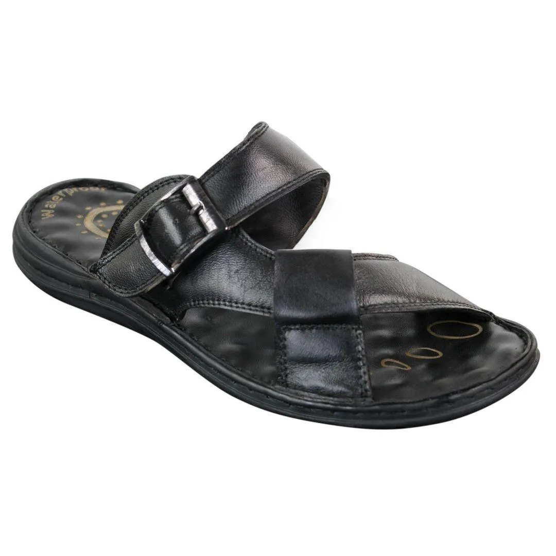 Mens Real Leather Slip On Mules Sandals Strap Buckle Premium Comfort Waterproof Walking