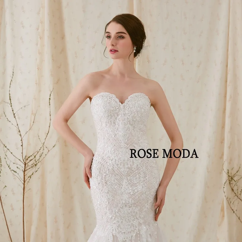 Rosemoda Chantilly Lace Fit and Flare Mermaid Wedding Dress With Delicate Beading Chapel Train