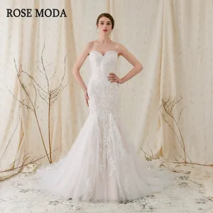 Rosemoda Chantilly Lace Fit and Flare Mermaid Wedding Dress With Delicate Beading Chapel Train
