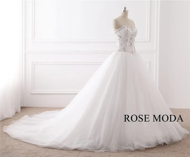 Rosemoda Luxury Bling Delicate Crystal Ball Gown Wedding Dress With Cathedral Train