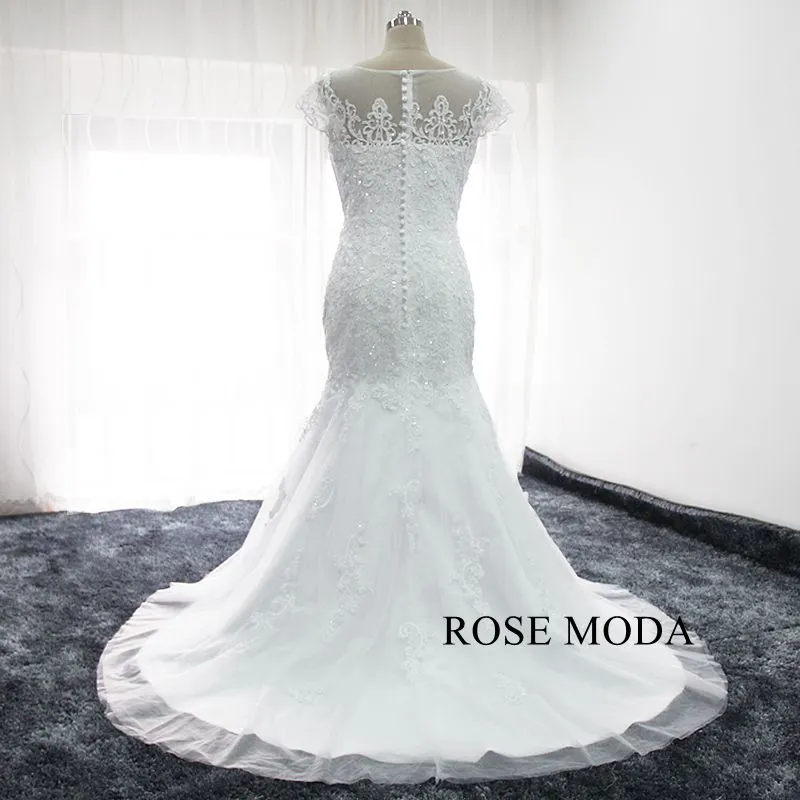 Rosemoda Short Sleeve Beaded Lace Mermaid Wedding Dress With Removable Skirt