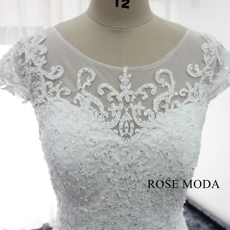 Rosemoda Short Sleeve Beaded Lace Mermaid Wedding Dress With Removable Skirt