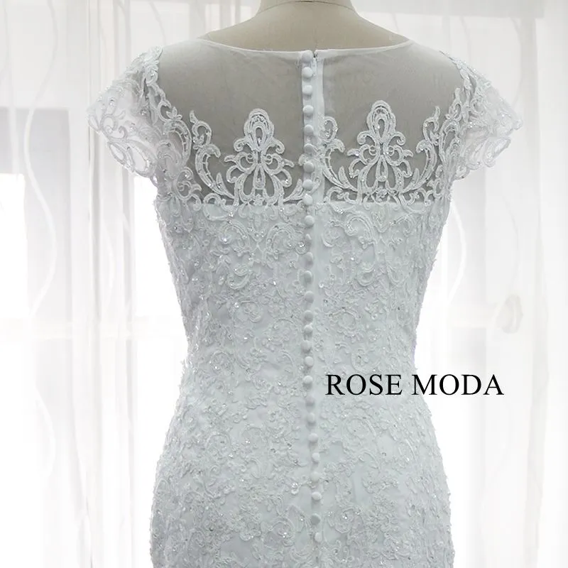 Rosemoda Short Sleeve Beaded Lace Mermaid Wedding Dress With Removable Skirt
