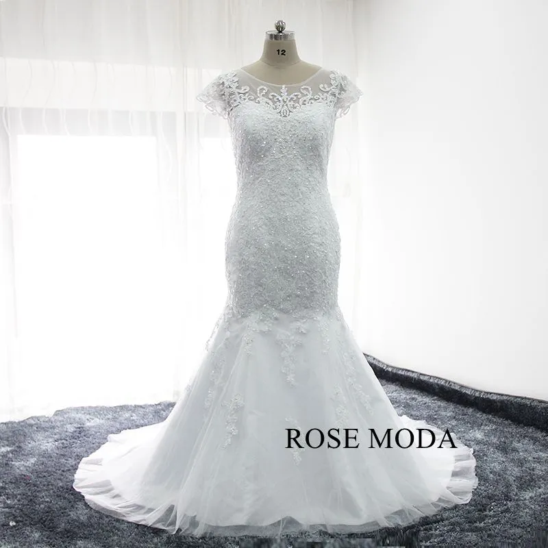Rosemoda Short Sleeve Beaded Lace Mermaid Wedding Dress With Removable Skirt