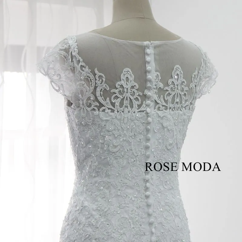 Rosemoda Short Sleeve Beaded Lace Mermaid Wedding Dress With Removable Skirt