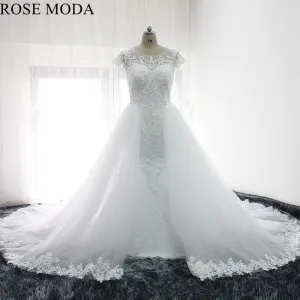 Rosemoda Short Sleeve Beaded Lace Mermaid Wedding Dress With Removable Skirt