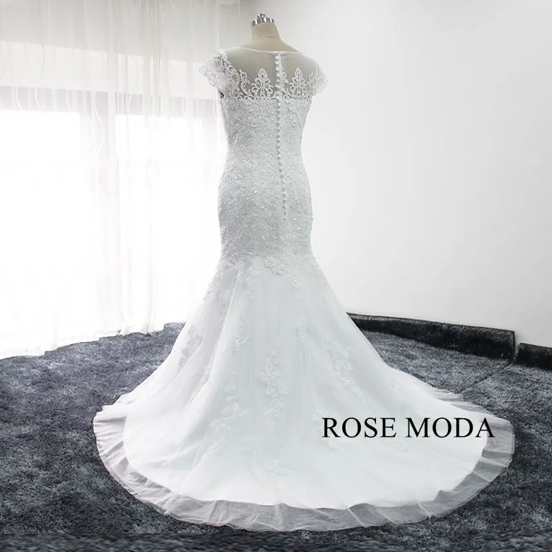 Rosemoda Short Sleeve Beaded Lace Mermaid Wedding Dress With Removable Skirt