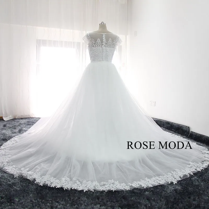 Rosemoda Short Sleeve Beaded Lace Mermaid Wedding Dress With Removable Skirt