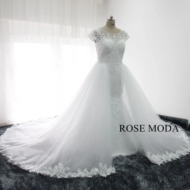 Rosemoda Short Sleeve Beaded Lace Mermaid Wedding Dress With Removable Skirt
