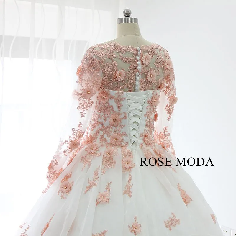 Rosemoda White and Pink Ball Gown Wedding Dress With Removable Bolero