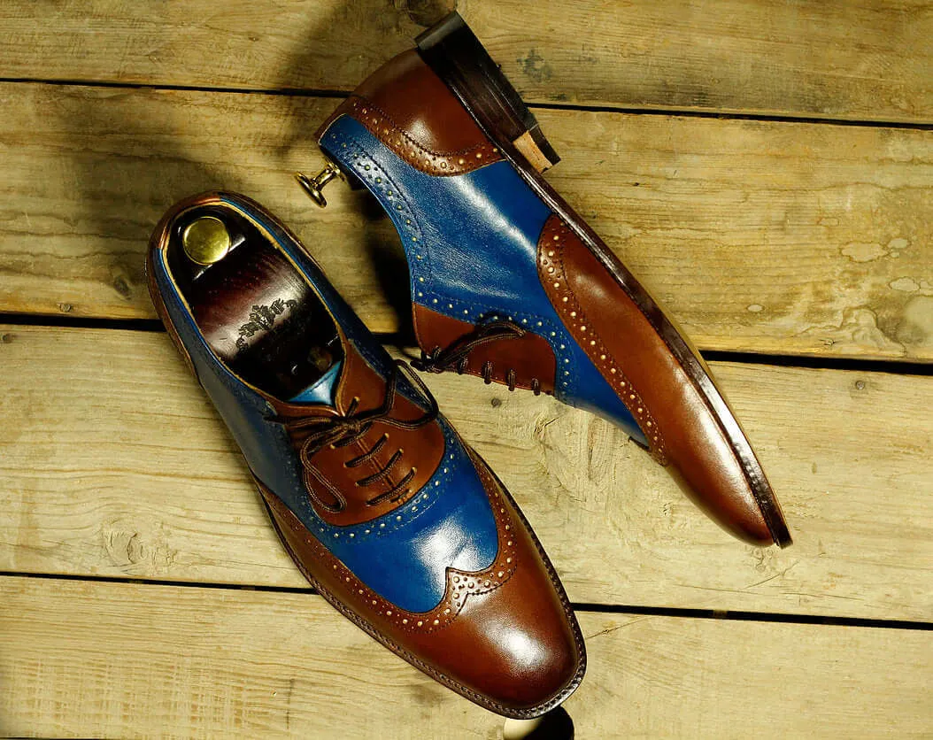 Stylish Handmade Men's Blue Brown Leather Wing Tip Lace Up Shoes, Men Dress Formal Shoes