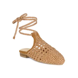 Tan Handwoven Cotton Tie Up Mule Flats