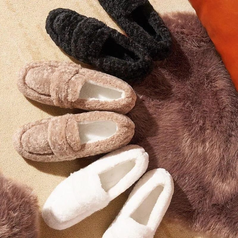 Winter Warm  Flock Flat Shoes Casual Loafers Slip on Furry Outer Wearing Flats Loafers Fluffy Flat Mules Warm