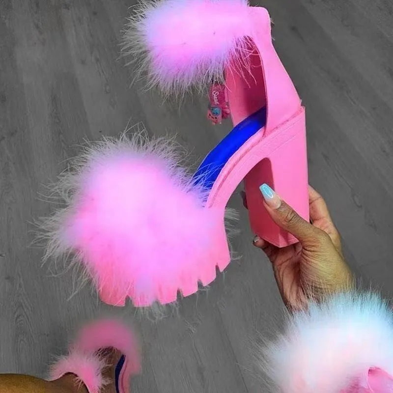 Womens Platform Faux Fur Sandals Chunky Heel Open Toe Ankle Strap High Heeled Sandals