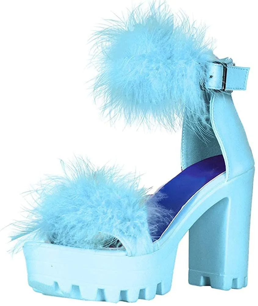 Womens Platform Faux Fur Sandals Chunky Heel Open Toe Ankle Strap High Heeled Sandals