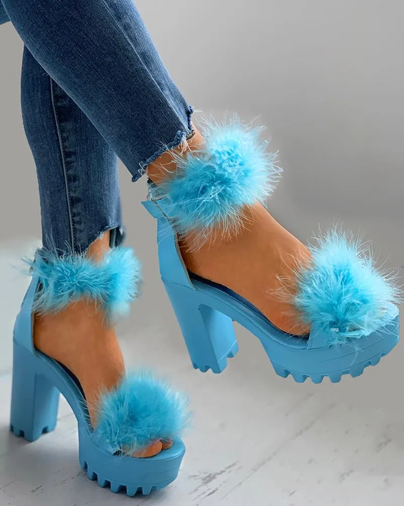 Womens Platform Faux Fur Sandals Chunky Heel Open Toe Ankle Strap High Heeled Sandals