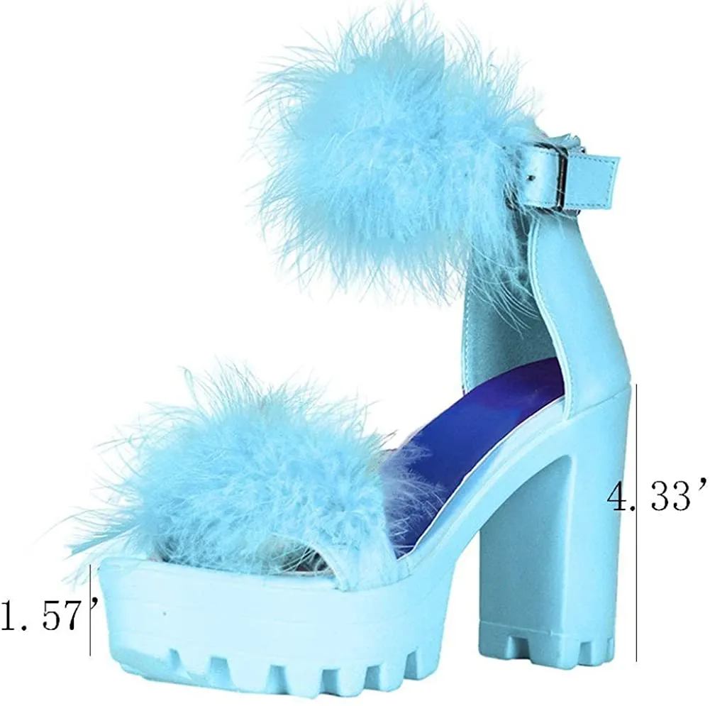 Womens Platform Faux Fur Sandals Chunky Heel Open Toe Ankle Strap High Heeled Sandals
