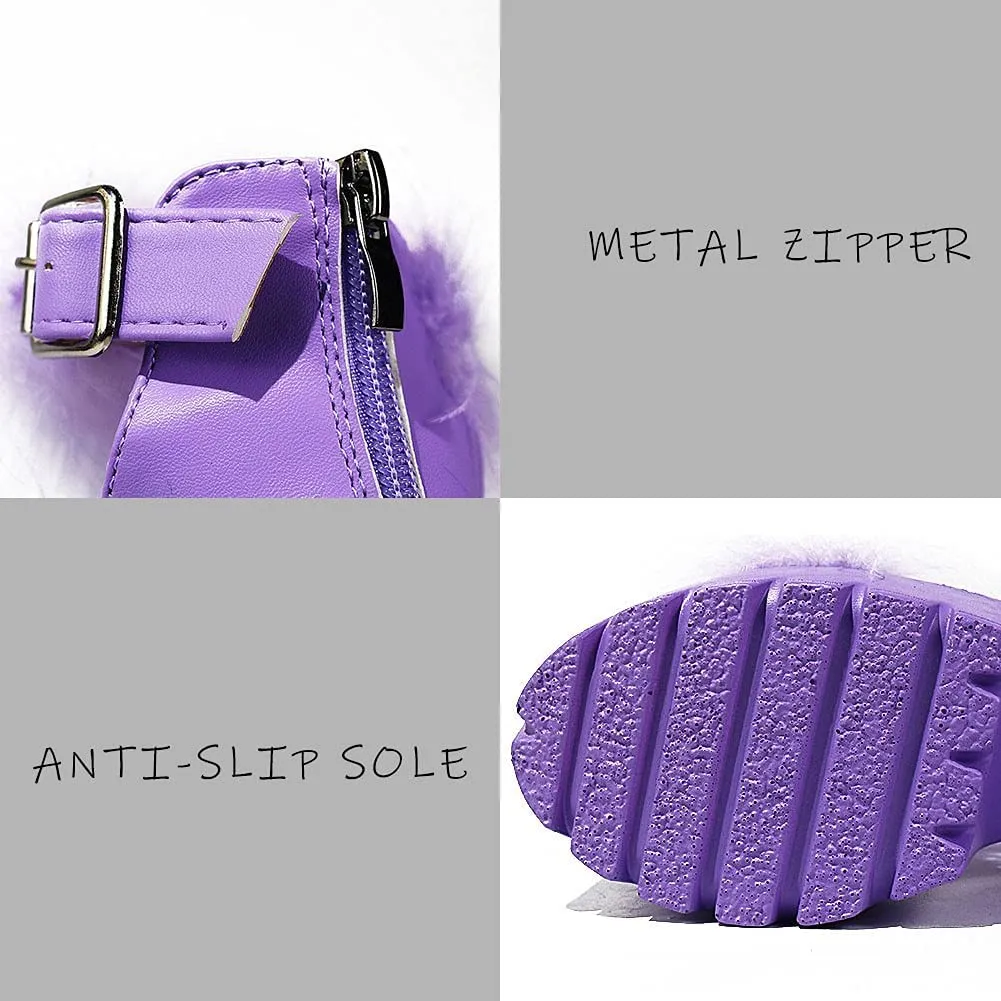 Womens Platform Faux Fur Sandals Chunky Heel Open Toe Ankle Strap High Heeled Sandals