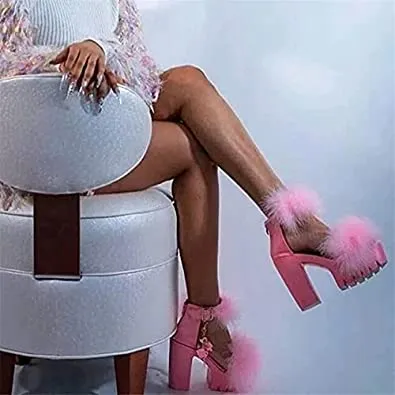 Womens Platform Faux Fur Sandals Chunky Heel Open Toe Ankle Strap High Heeled Sandals