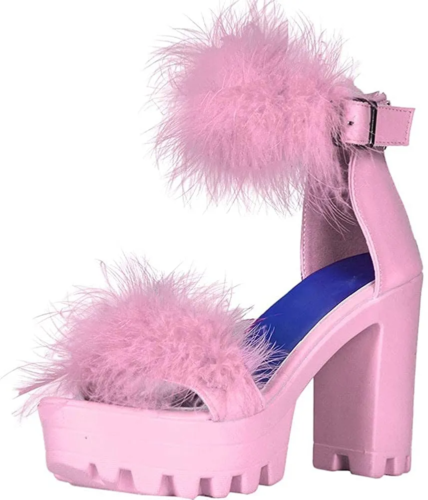Womens Platform Faux Fur Sandals Chunky Heel Open Toe Ankle Strap High Heeled Sandals