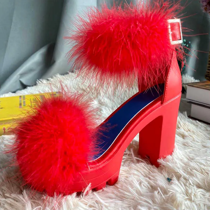 Womens Platform Faux Fur Sandals Chunky Heel Open Toe Ankle Strap High Heeled Sandals