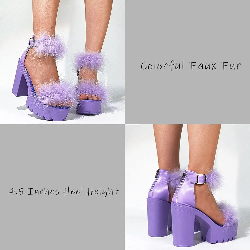 Womens Platform Faux Fur Sandals Chunky Heel Open Toe Ankle Strap High Heeled Sandals