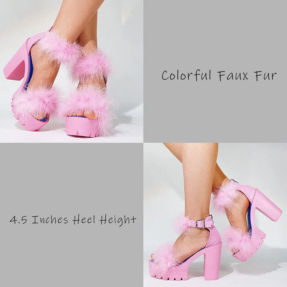 Womens Platform Faux Fur Sandals Chunky Heel Open Toe Ankle Strap High Heeled Sandals