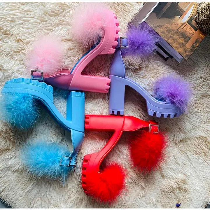 Womens Platform Faux Fur Sandals Chunky Heel Open Toe Ankle Strap High Heeled Sandals