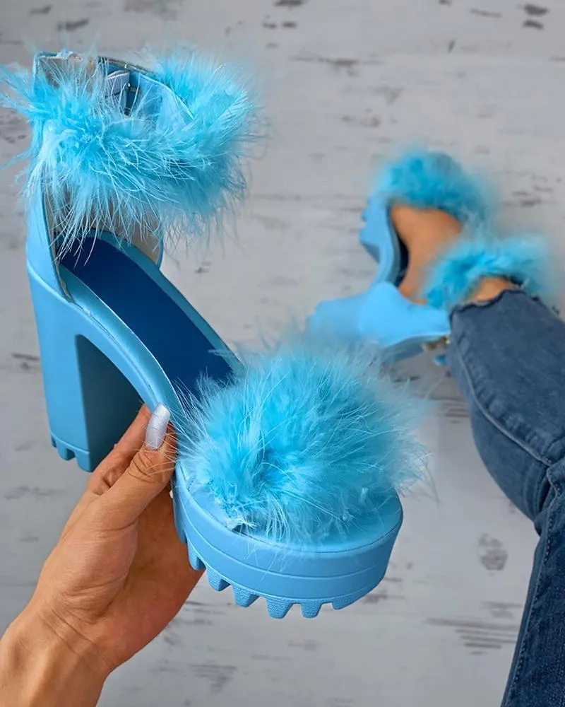 Womens Platform Faux Fur Sandals Chunky Heel Open Toe Ankle Strap High Heeled Sandals