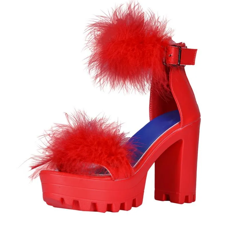 Womens Platform Faux Fur Sandals Chunky Heel Open Toe Ankle Strap High Heeled Sandals