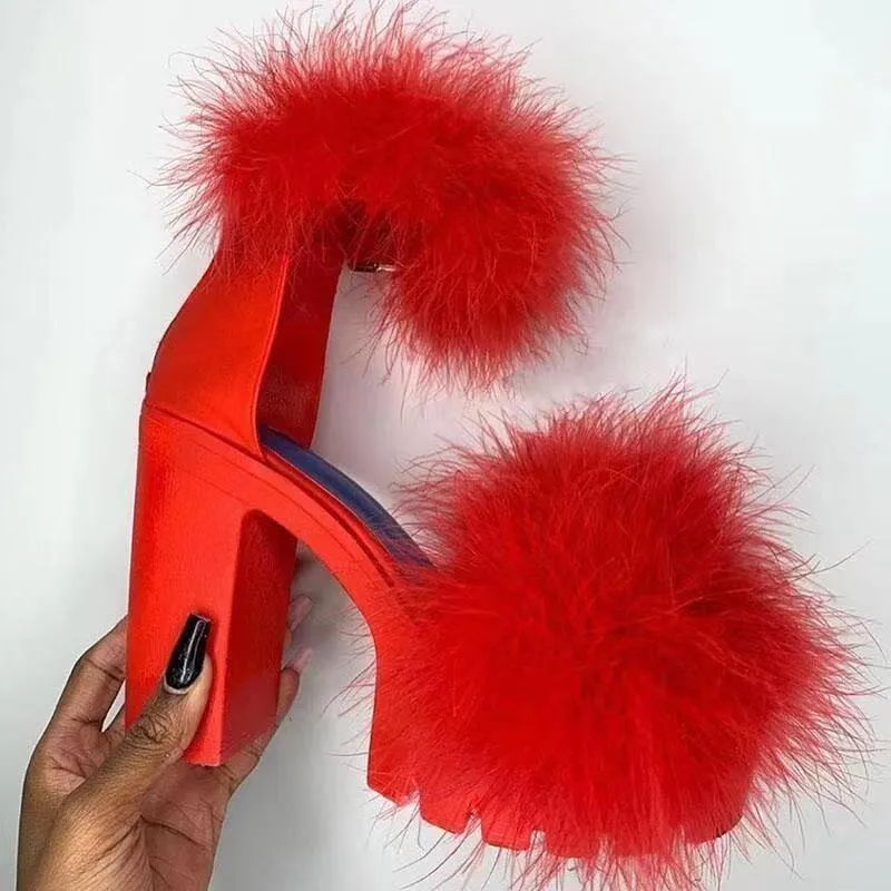 Womens Platform Faux Fur Sandals Chunky Heel Open Toe Ankle Strap High Heeled Sandals